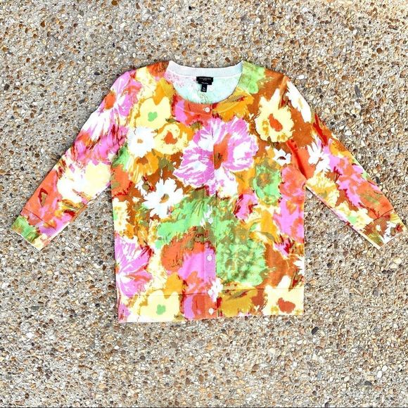 Talbots Like New Pima Cotton Floral Watercolor 3/4 Sleeve Button Down Sweater MP - Picture 1 of 10